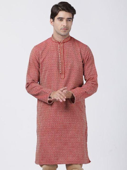 Men's Red Cotton Silk Blend Kurta