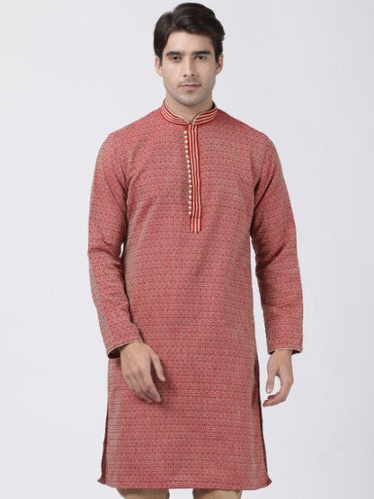 Men's Red Cotton Silk Blend Kurta