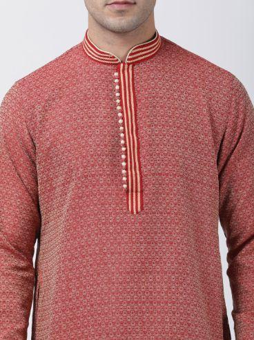 Men's Red Cotton Silk Blend Kurta