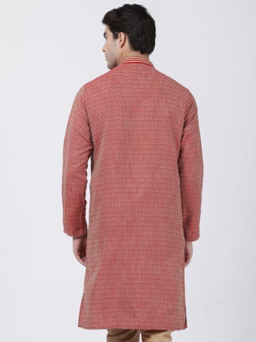 Men's Red Cotton Silk Blend Kurta