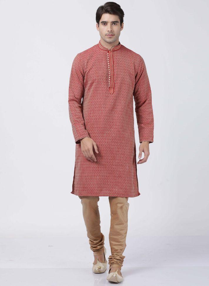 Men's Red Cotton Silk Blend Kurta