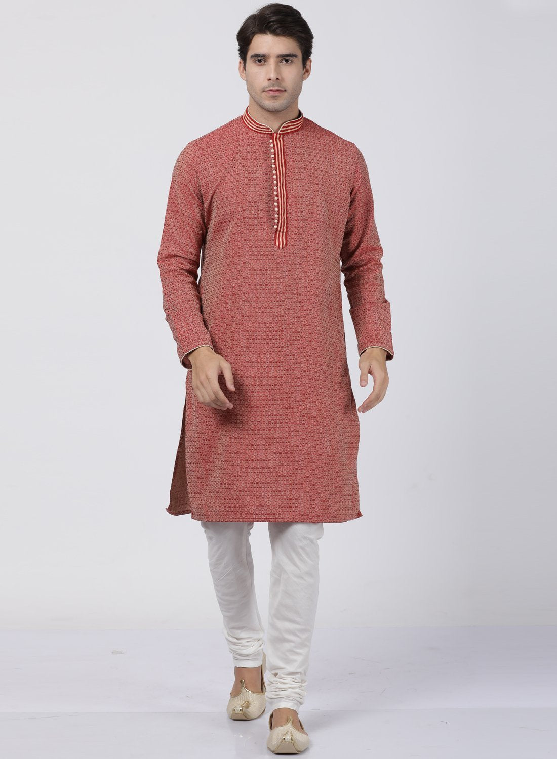 Men's Red Cotton Silk Blend Kurta and Pyjama Set