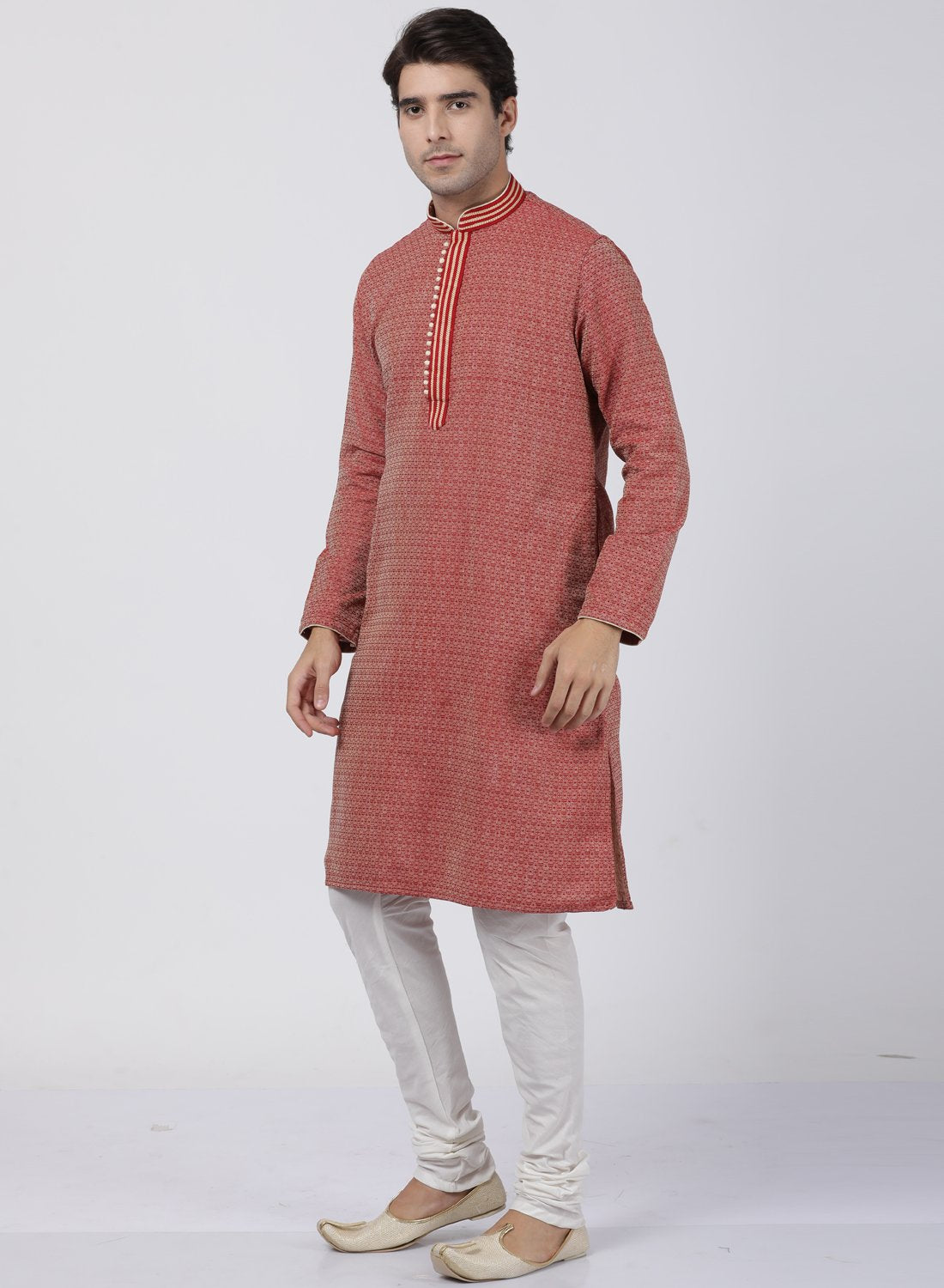 Men's Red Cotton Silk Blend Kurta and Pyjama Set