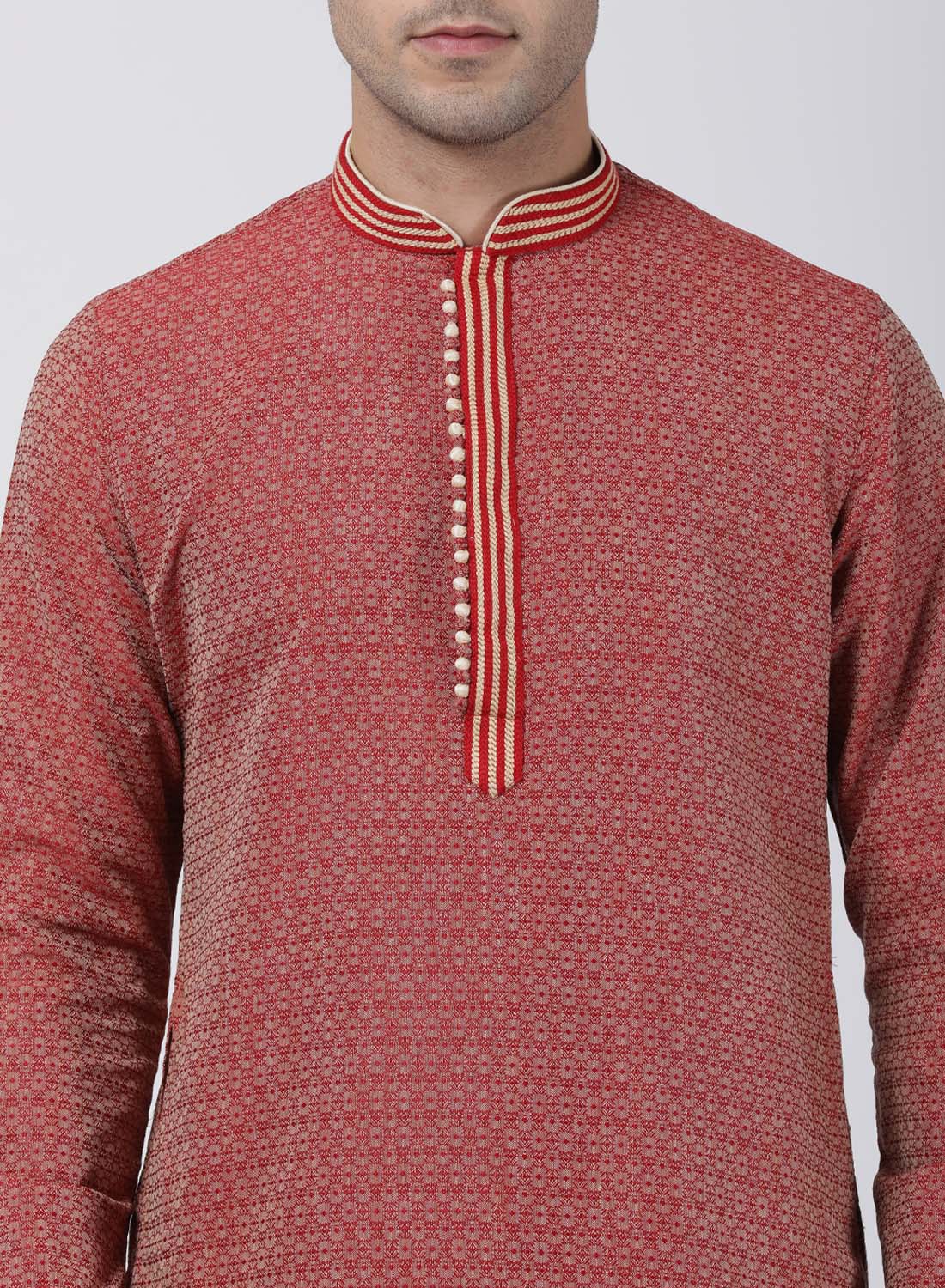 Men's Red Cotton Silk Blend Kurta and Pyjama Set