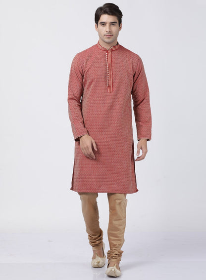 Men's Red Cotton Silk Blend Kurta and Pyjama Set