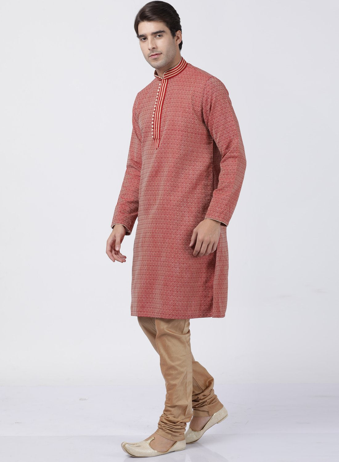 Men's Red Cotton Silk Blend Kurta and Pyjama Set