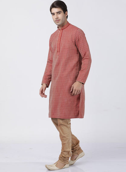 Men's Red Cotton Silk Blend Kurta and Pyjama Set