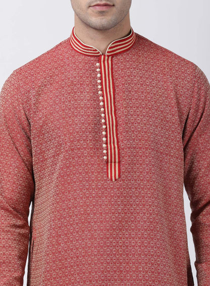Men's Red Cotton Silk Blend Kurta and Pyjama Set