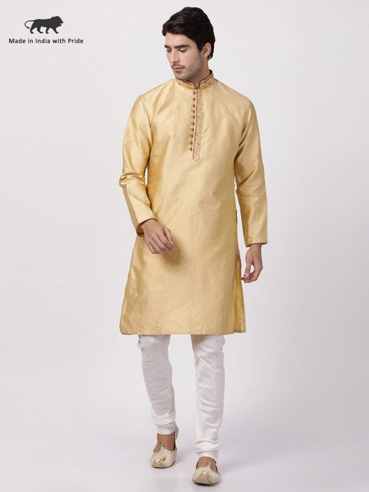 Men's Beige Cotton Silk Blend Kurta and Pyjama Set