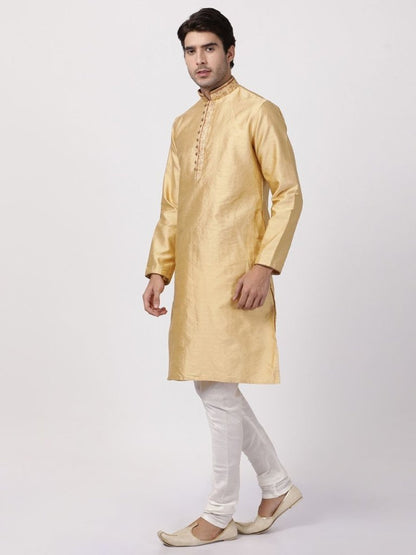 Men's Beige Cotton Silk Blend Kurta and Pyjama Set