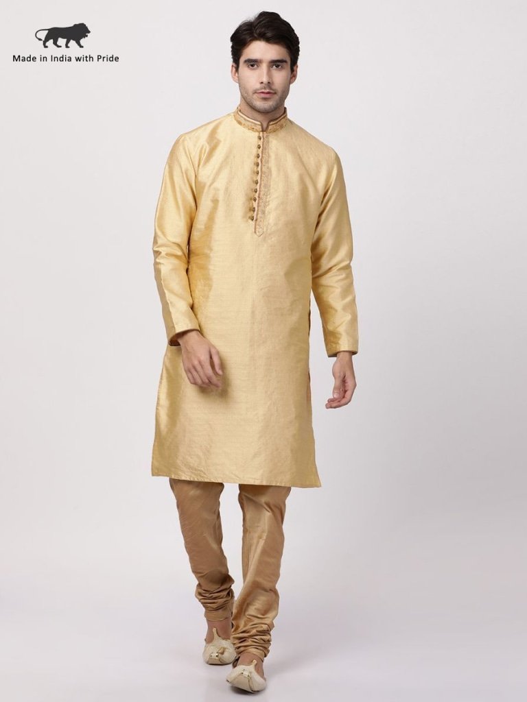 Men's Beige Cotton Silk Blend Kurta and Pyjama Set