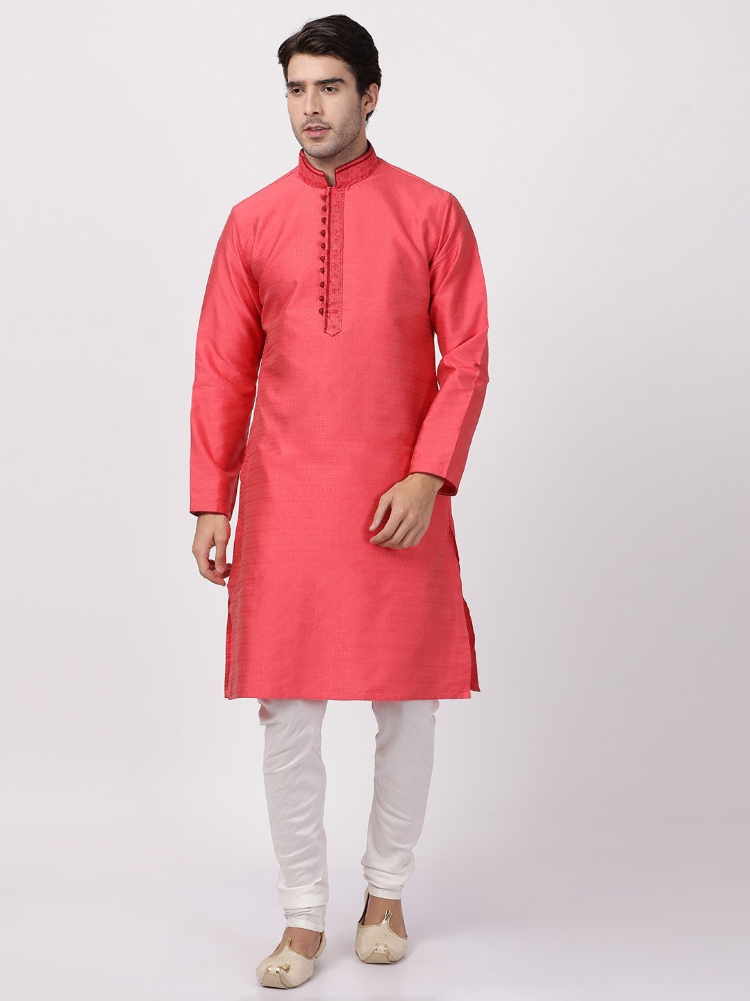 Men's Pink Cotton Silk Blend Kurta and Pyjama Set
