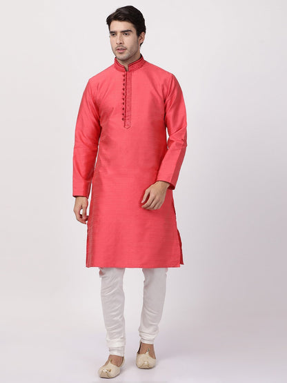 Men's Pink Cotton Silk Blend Kurta and Pyjama Set