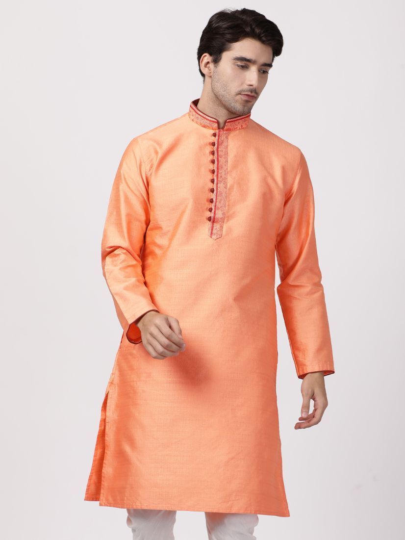 Men's Light Fawn Color Cotton Silk Blend Kurta