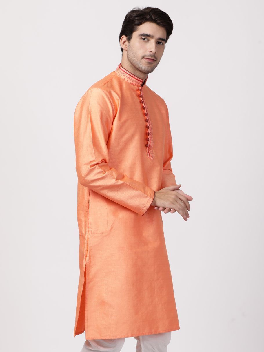 Men's Light Fawn Color Cotton Silk Blend Kurta
