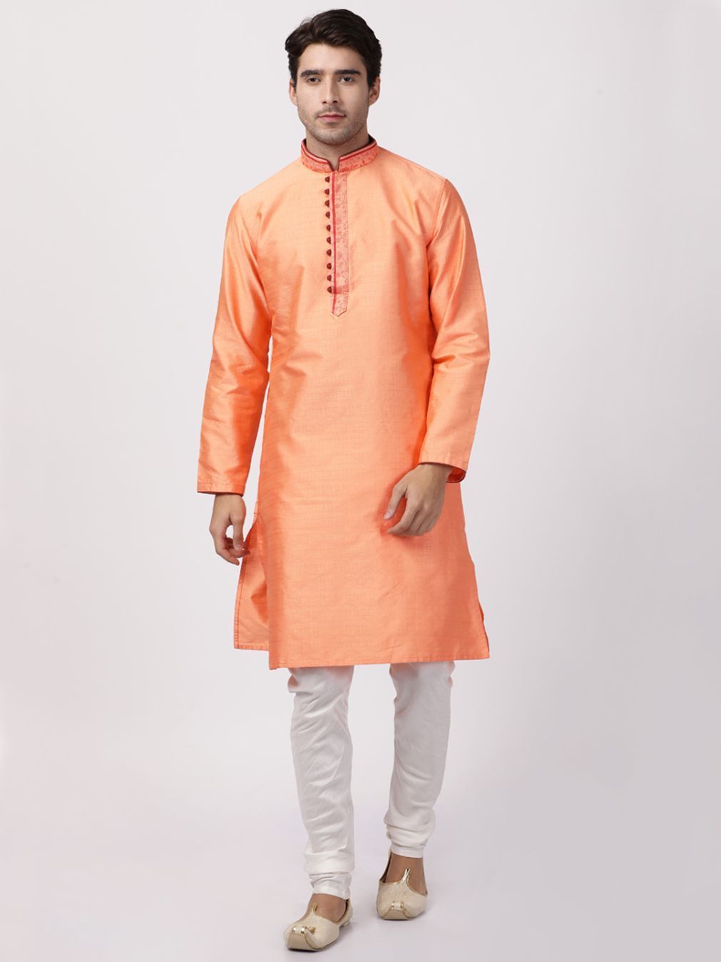 Men's Light Fawn Color Cotton Silk Blend Kurta
