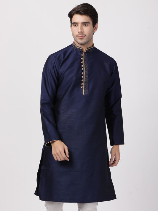 Men's Dark Blue Cotton Silk Blend Kurta