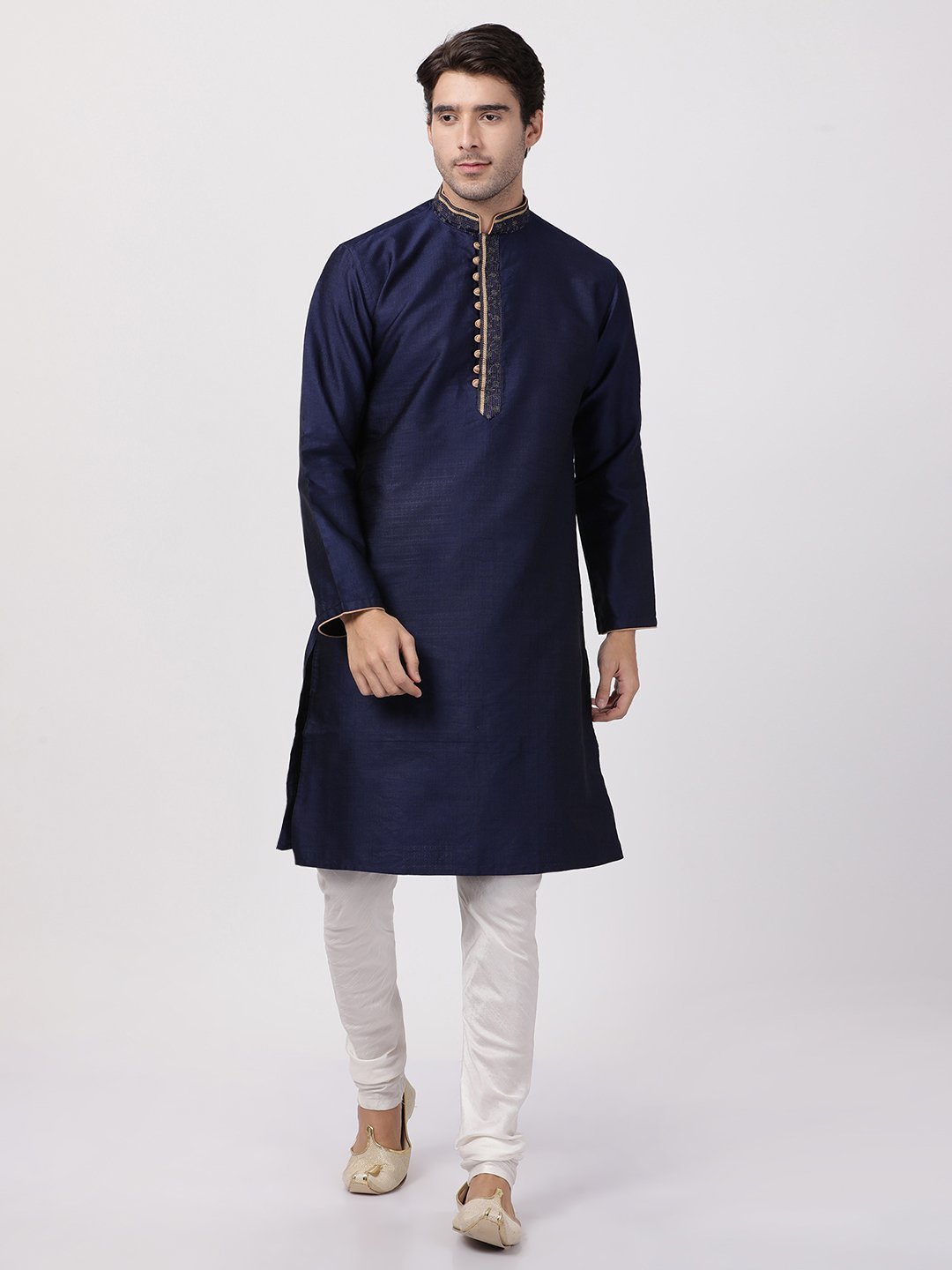 Men's Dark Blue Cotton Silk Blend Kurta and Pyjama Set