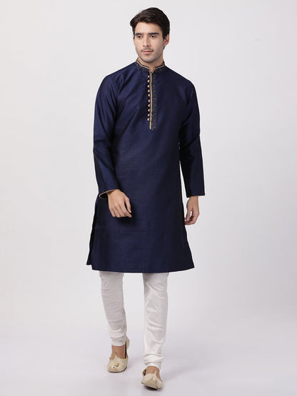 Men's Dark Blue Cotton Silk Blend Kurta and Pyjama Set