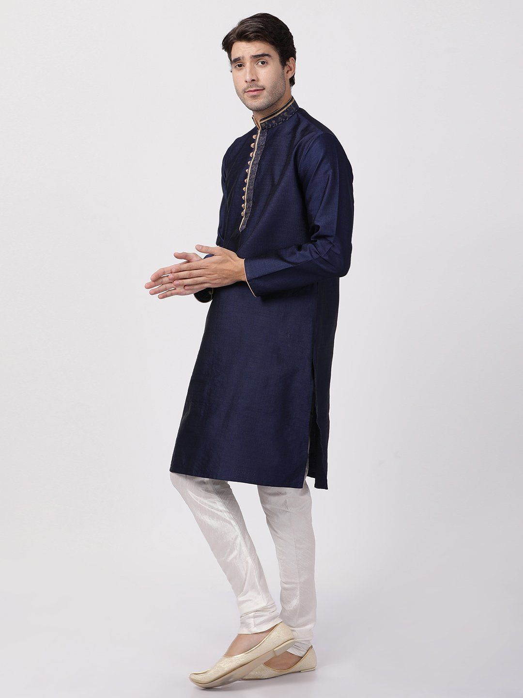 Men's Dark Blue Cotton Silk Blend Kurta and Pyjama Set