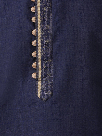Men's Dark Blue Cotton Silk Blend Kurta and Pyjama Set