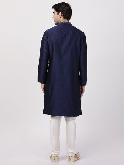 Men's Dark Blue Cotton Silk Blend Kurta and Pyjama Set