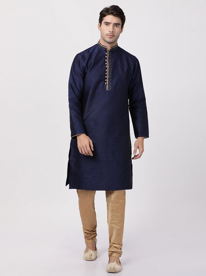 Men's Dark Blue Cotton Silk Blend Kurta and Pyjama Set