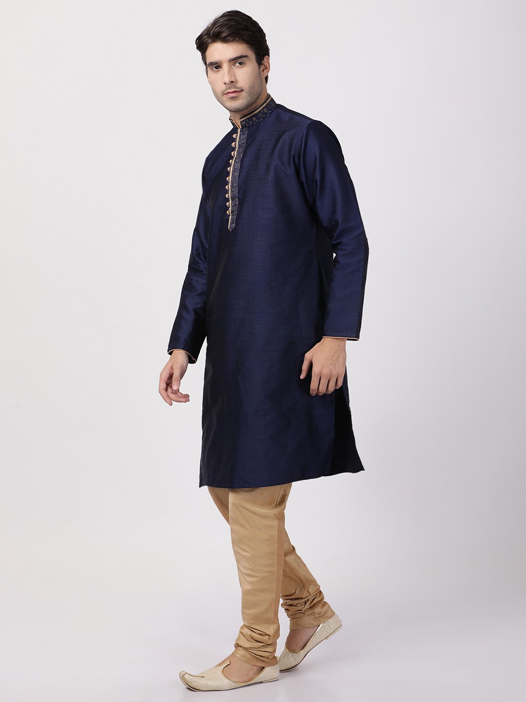 Men's Dark Blue Cotton Silk Blend Kurta and Pyjama Set