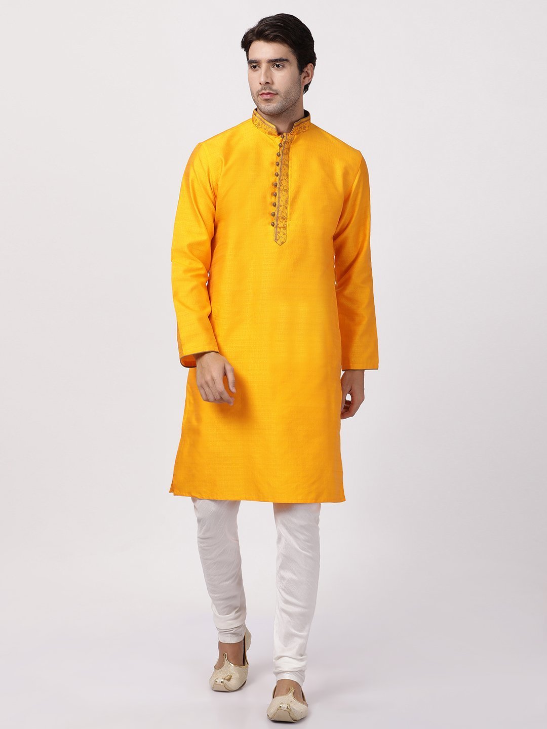 Men's Orange Cotton Silk Blend Kurta and Pyjama Set