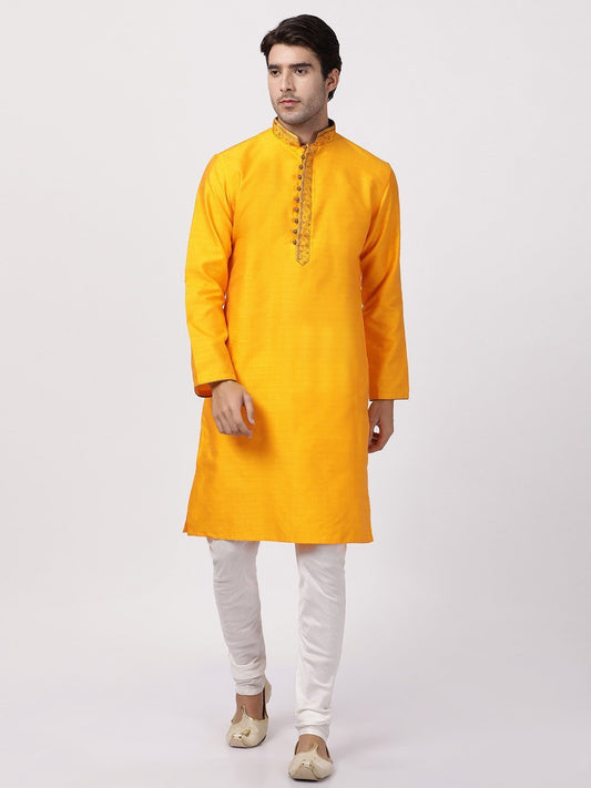 Men's Orange Cotton Silk Blend Kurta and Pyjama Set