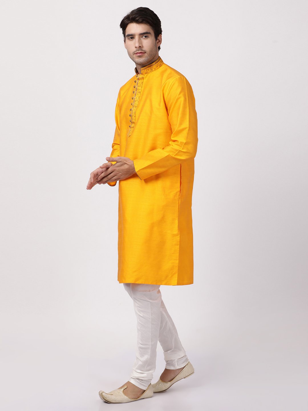 Men's Orange Cotton Silk Blend Kurta and Pyjama Set