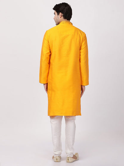 Men's Orange Cotton Silk Blend Kurta and Pyjama Set