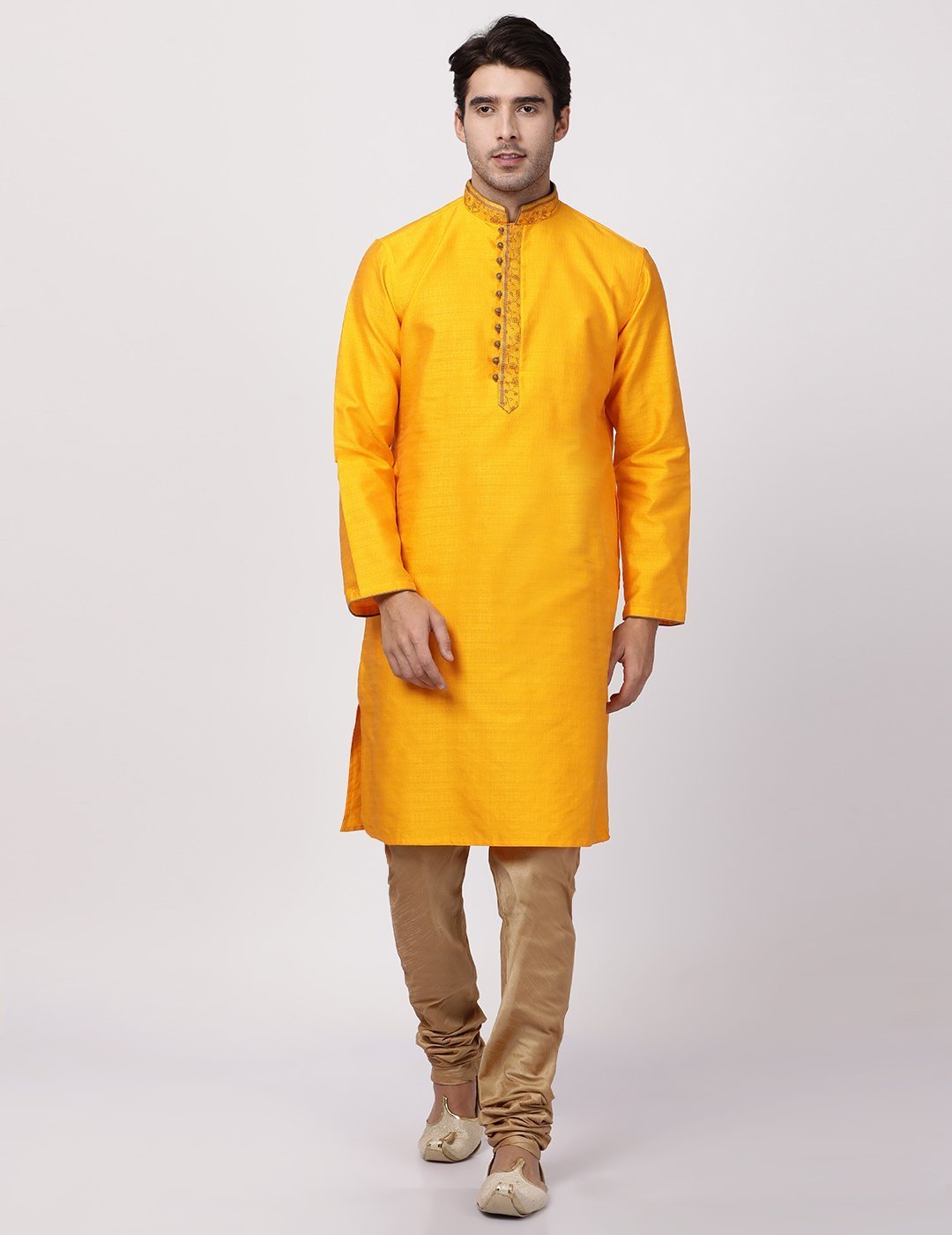 Men's Orange Cotton Silk Blend Kurta and Pyjama Set