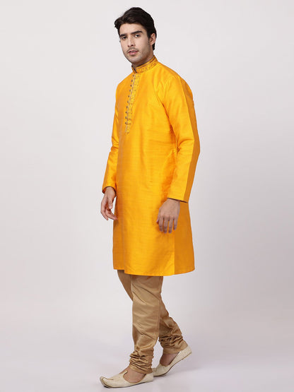 Men's Orange Cotton Silk Blend Kurta and Pyjama Set