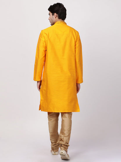 Men's Orange Cotton Silk Blend Kurta and Pyjama Set