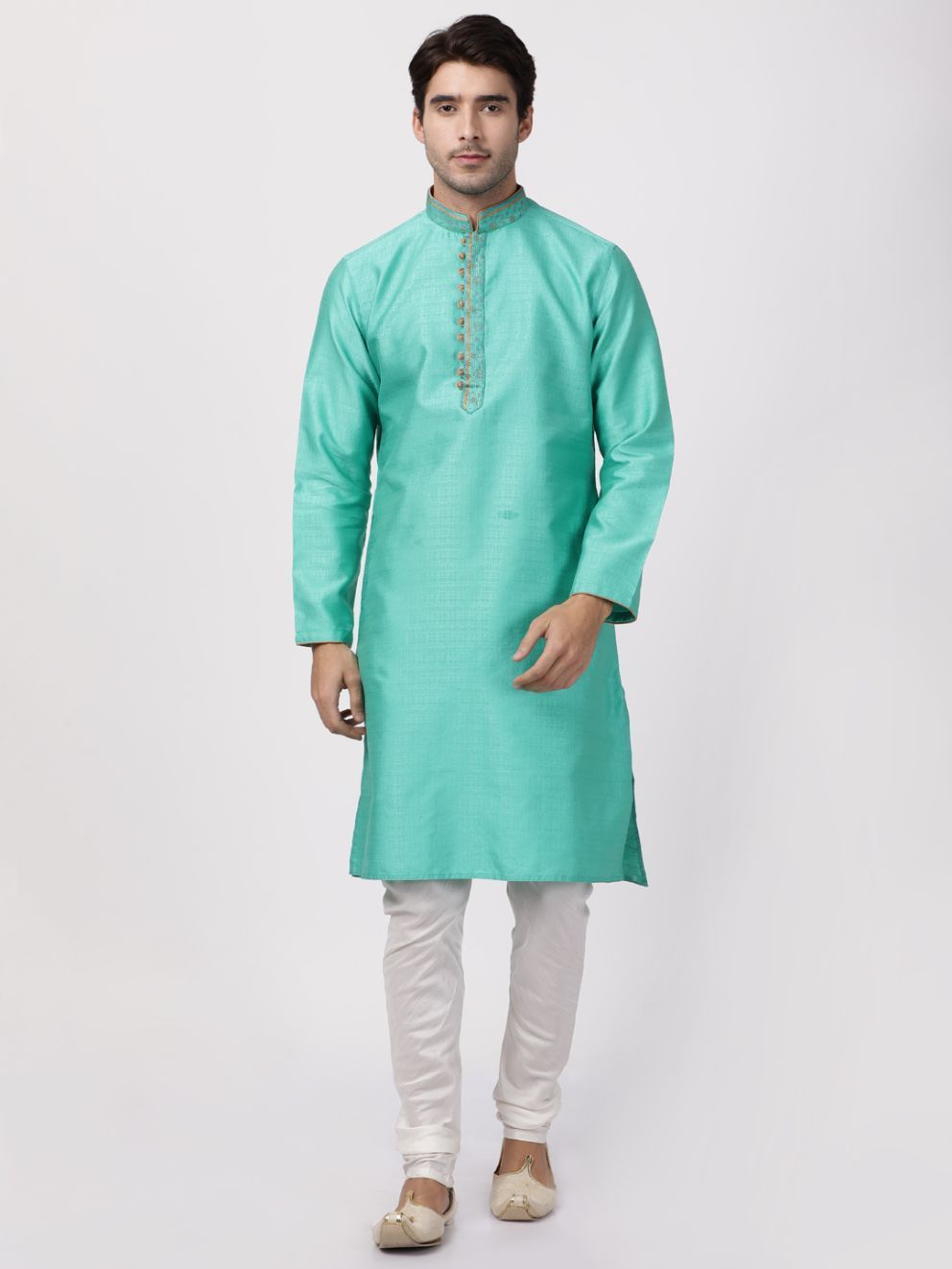 Men's Green Cotton Silk Blend Kurta