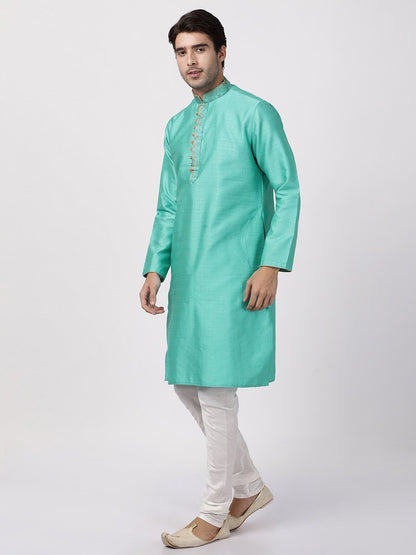 Men's Green Cotton Silk Blend Kurta and Pyjama Set