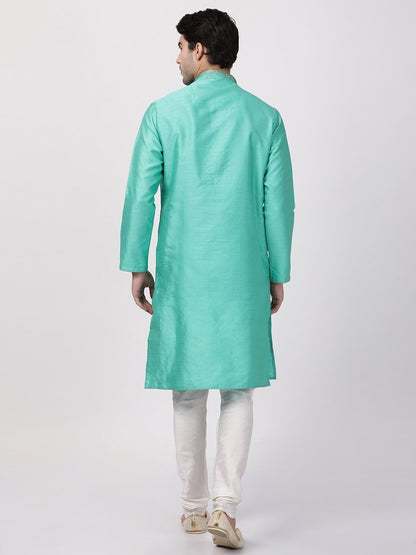 Men's Green Cotton Silk Blend Kurta and Pyjama Set