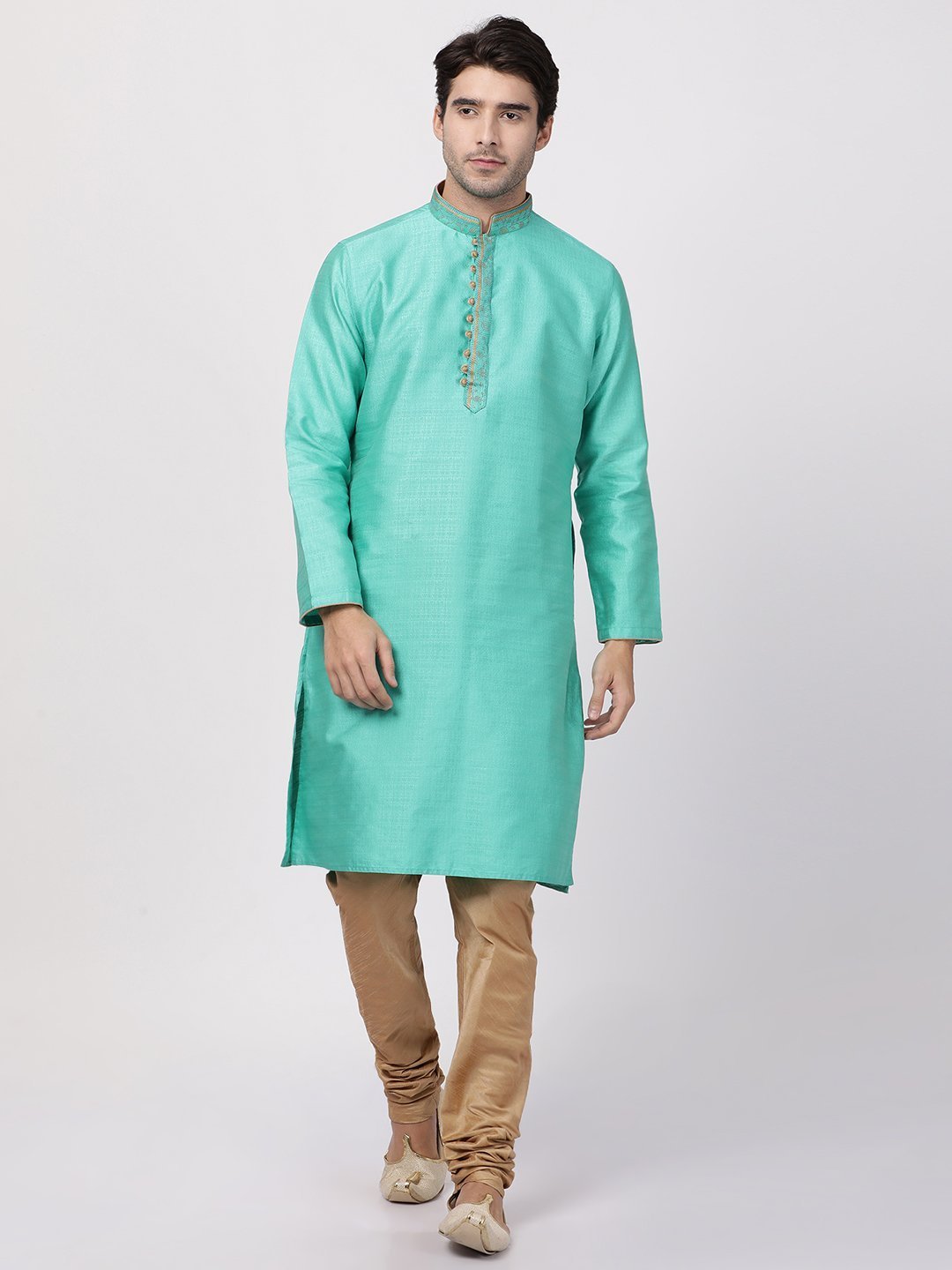 Men's Green Cotton Silk Blend Kurta and Pyjama Set