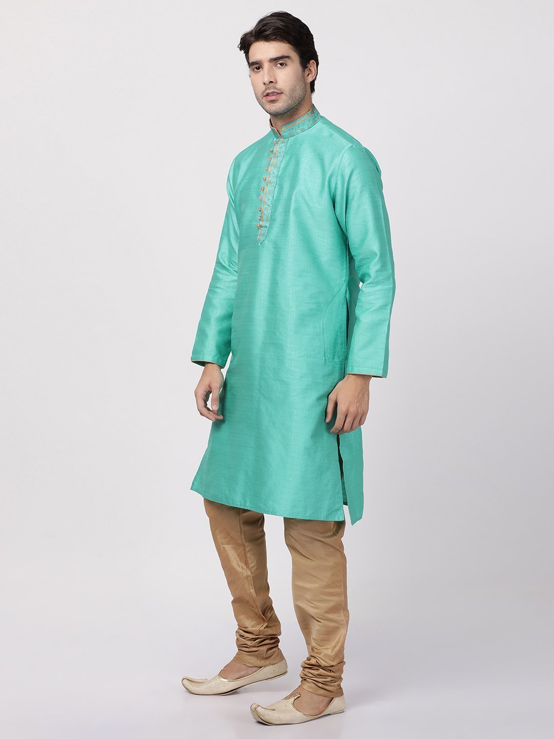 Men's Green Cotton Silk Blend Kurta and Pyjama Set