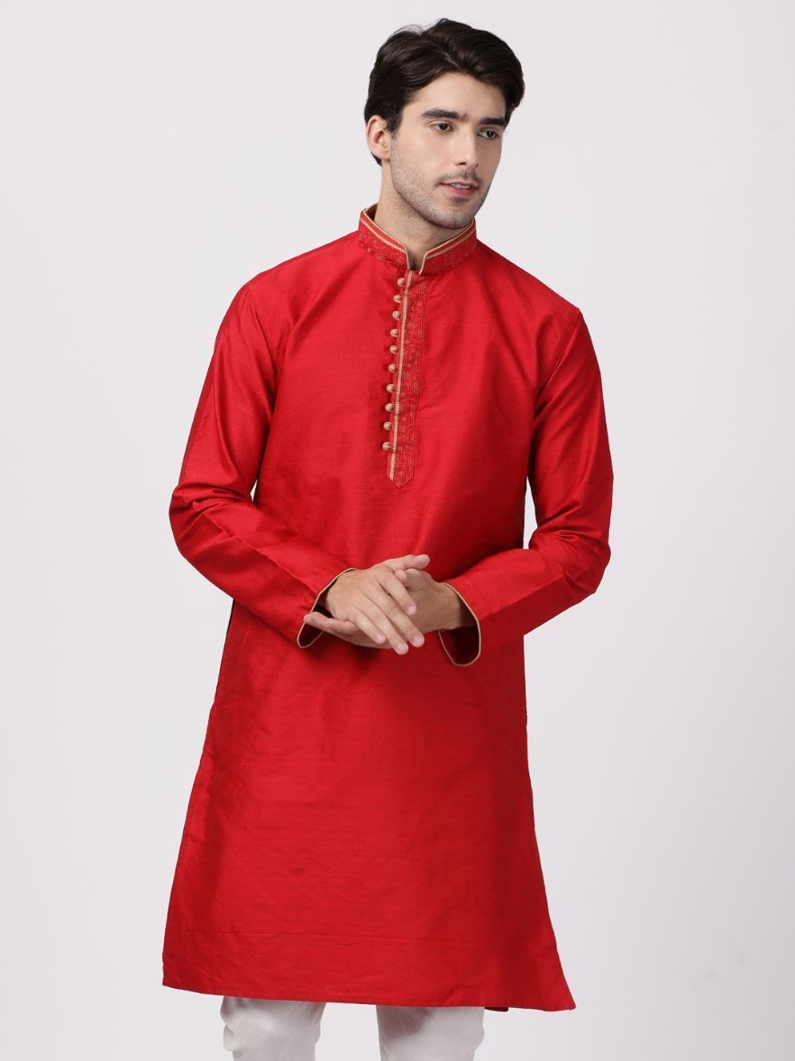 Men's Red Cotton Silk Blend Kurta