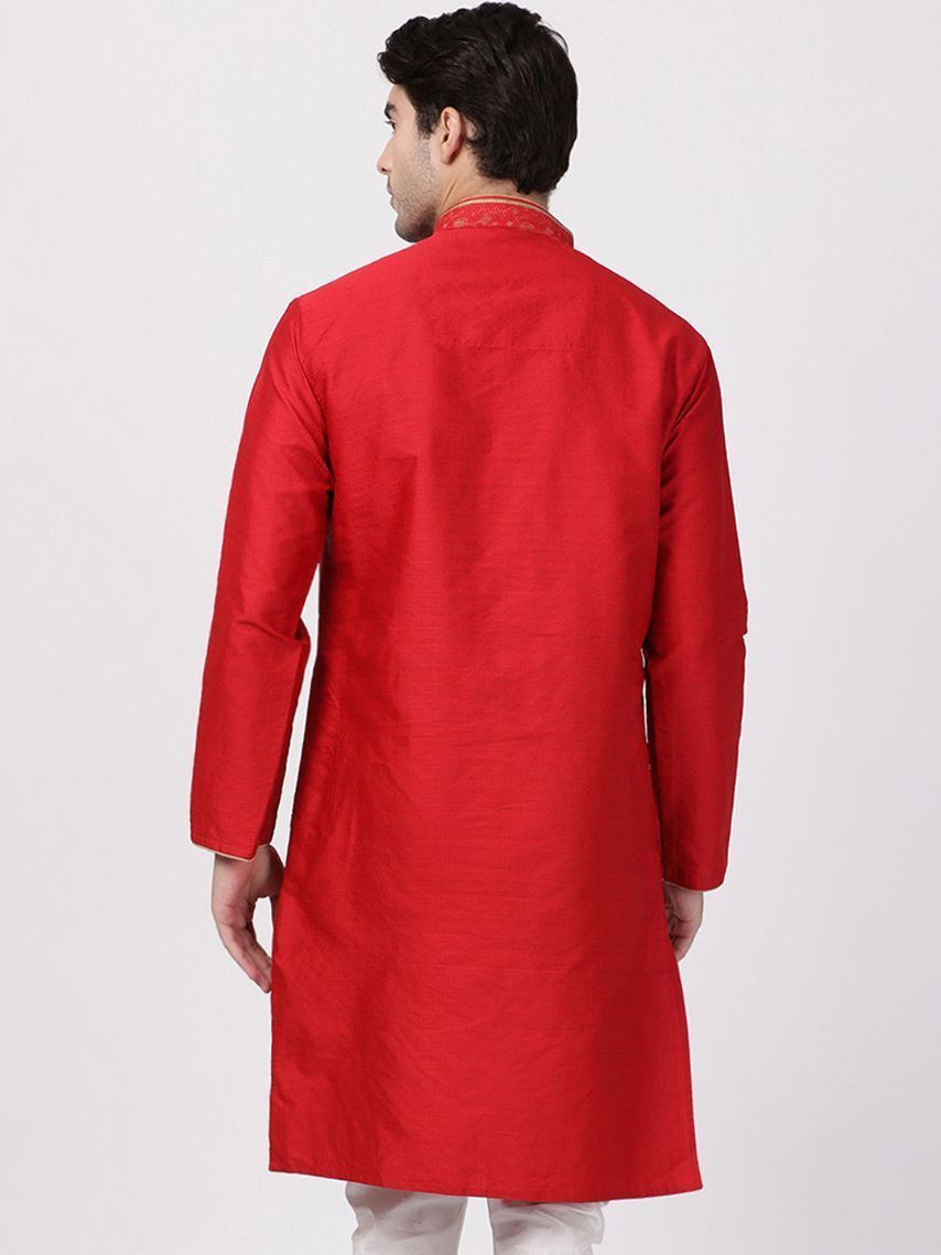 Men's Red Cotton Silk Blend Kurta