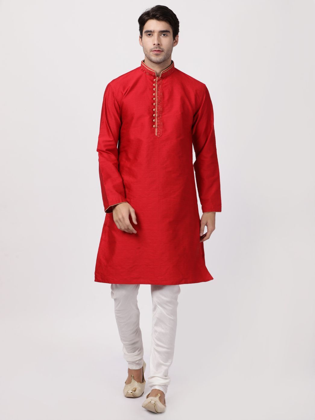 Men's Red Cotton Silk Blend Kurta