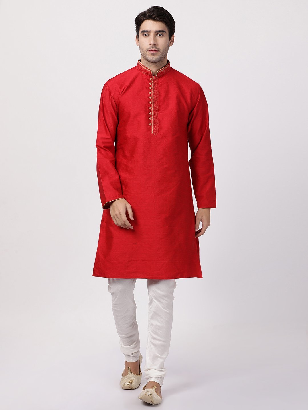 Men's Red Cotton Silk Blend Kurta and Pyjama Set
