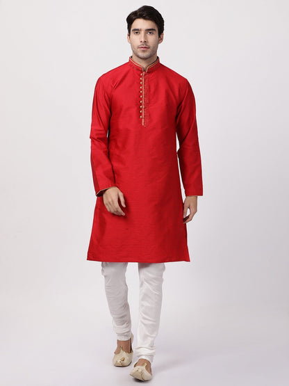 Men's Red Cotton Silk Blend Kurta and Pyjama Set
