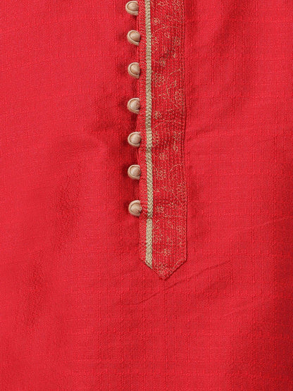 Men's Red Cotton Silk Blend Kurta and Pyjama Set