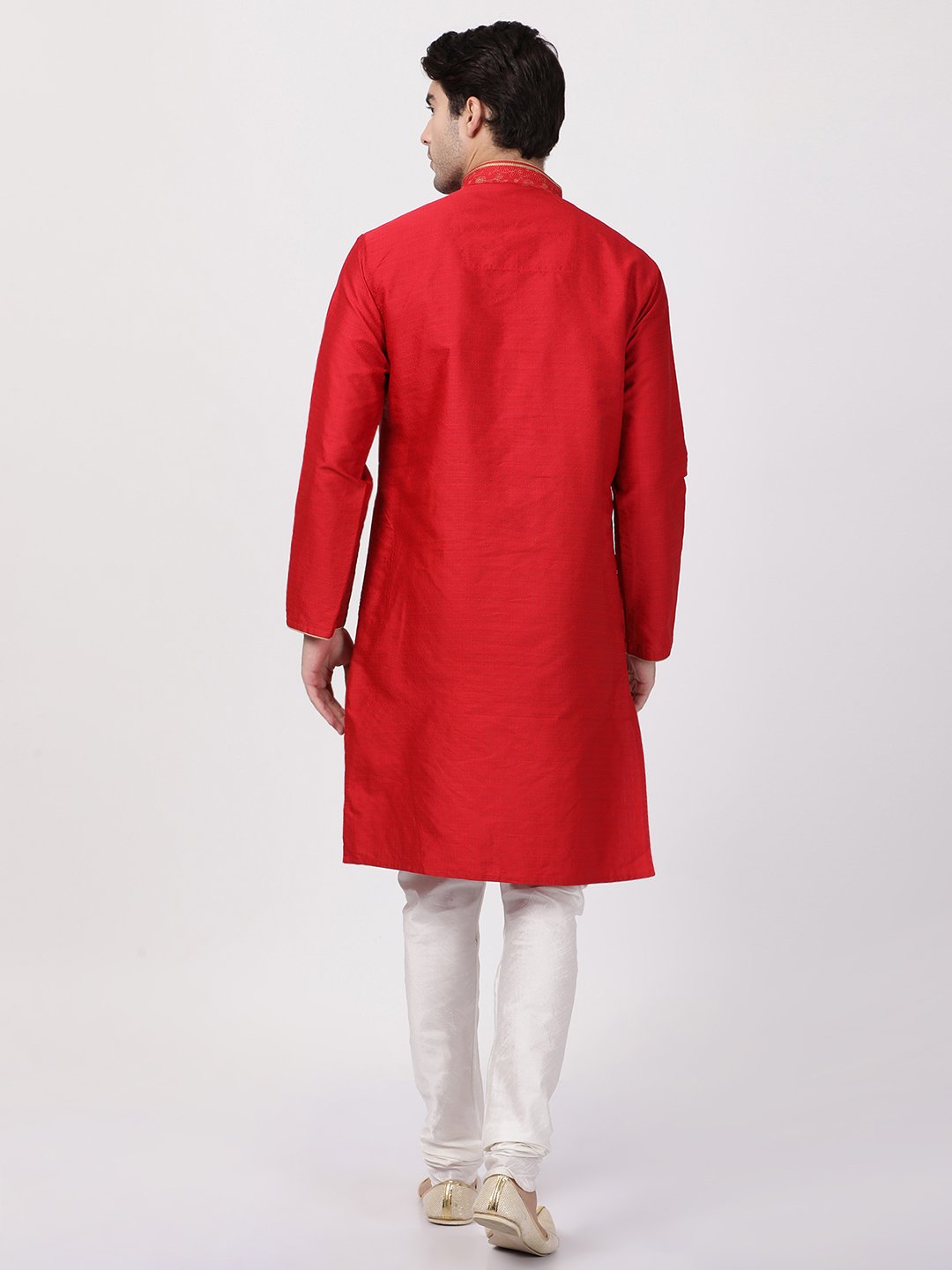 Men's Red Cotton Silk Blend Kurta and Pyjama Set