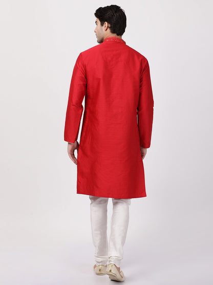 Men's Red Cotton Silk Blend Kurta and Pyjama Set