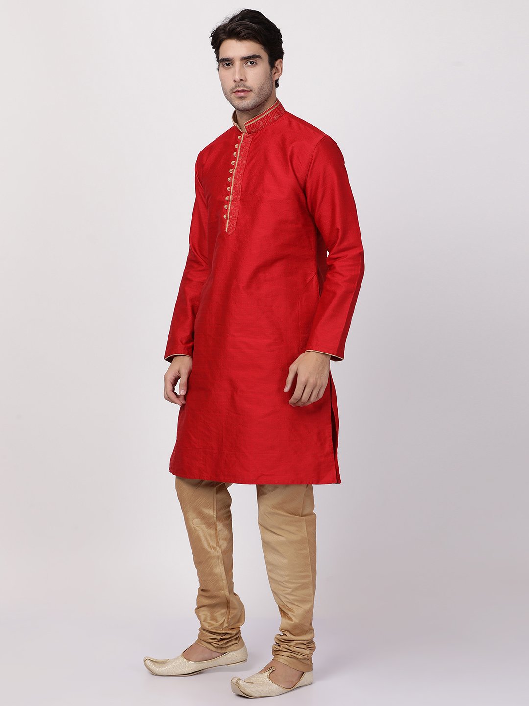 Men's Red Cotton Silk Blend Kurta and Pyjama Set
