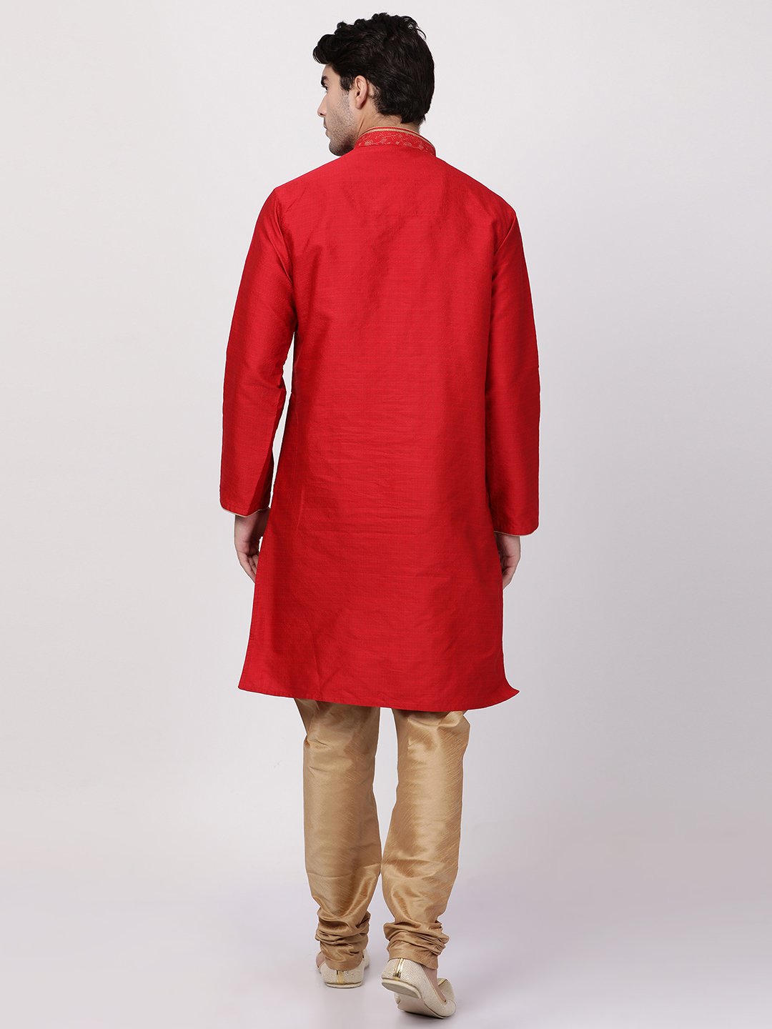Men's Red Cotton Silk Blend Kurta and Pyjama Set